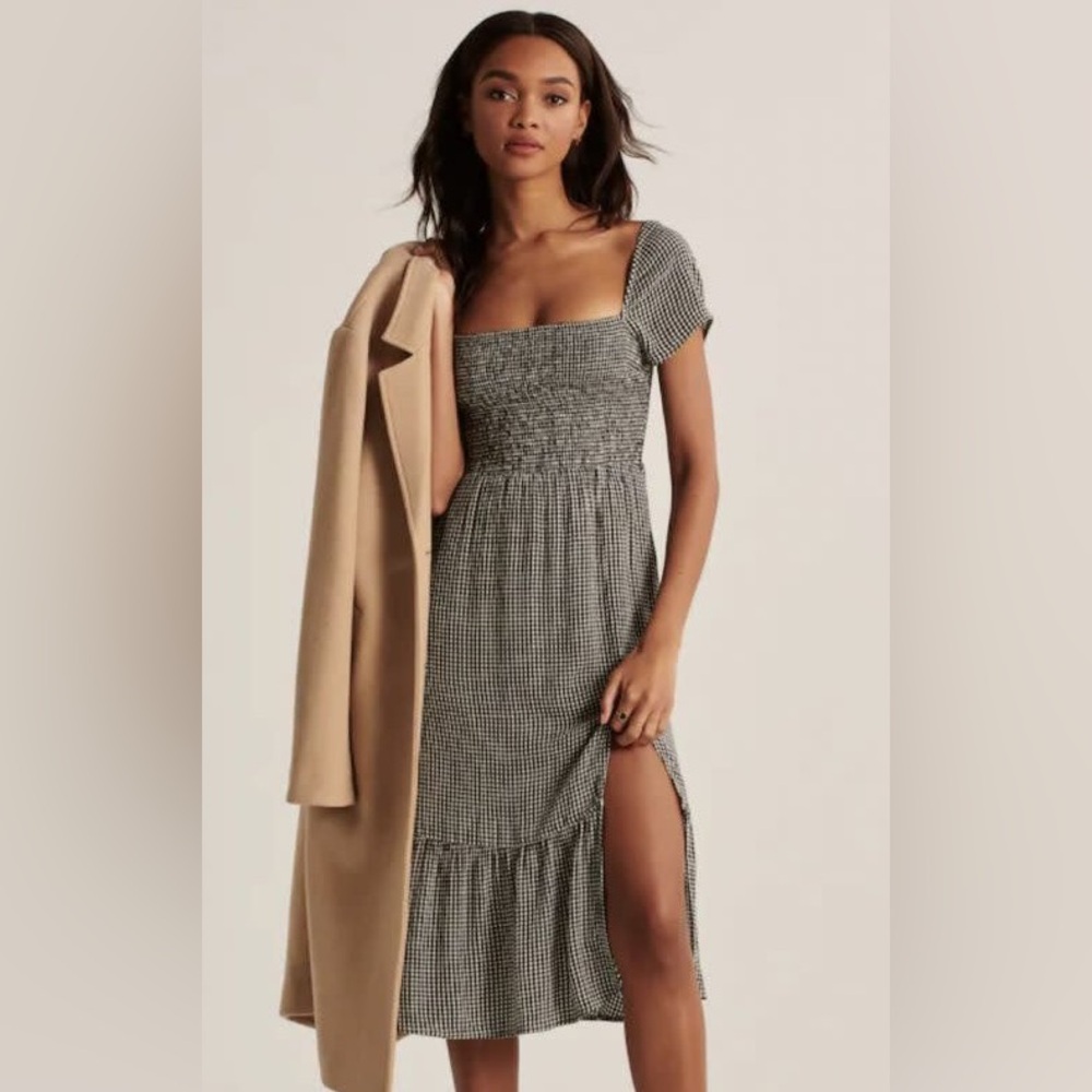 Smocked Square-Neck Midi Dress in Black and White Gingham